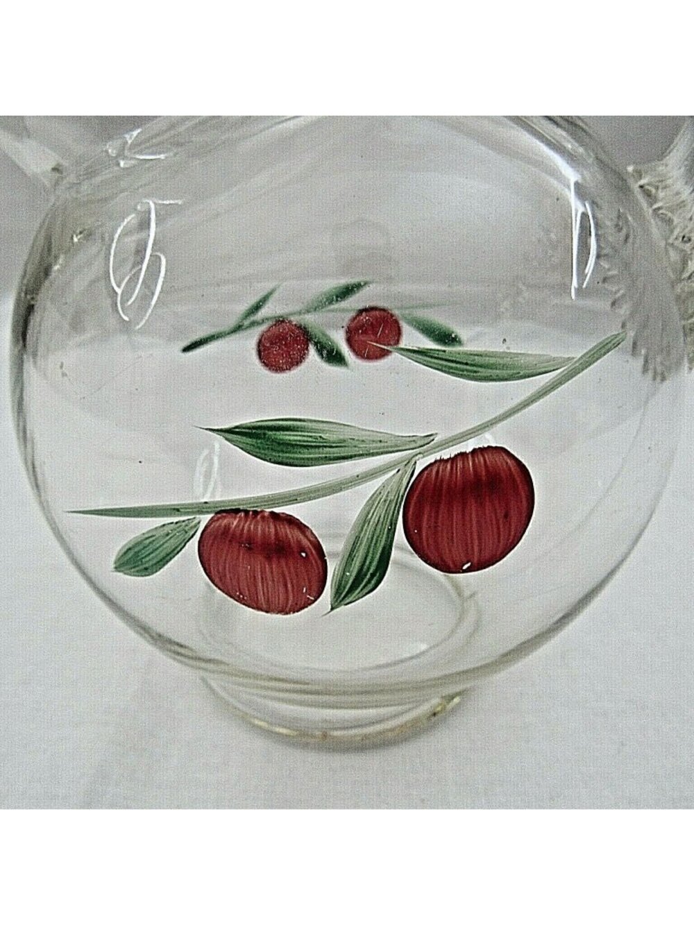 Vintage Clear Glass Handpainted Red Cherry Pitcher Rounded Base Ribbed Handle